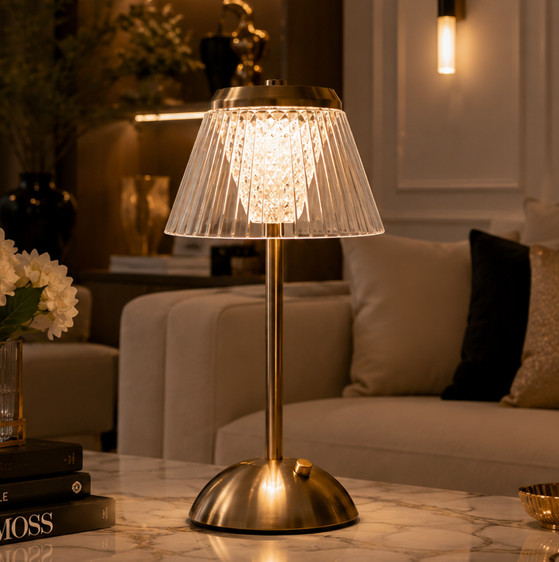 Decorative table lamp with pleated glass shade on a marble surface in a living room setting.