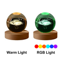 Two glowing spherical objects on wooden bases with color options displayed.
