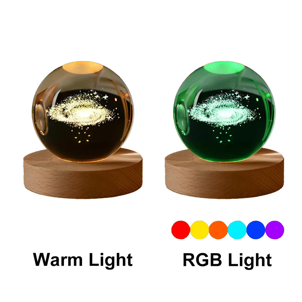 Two glowing spherical objects on wooden bases with color options displayed.