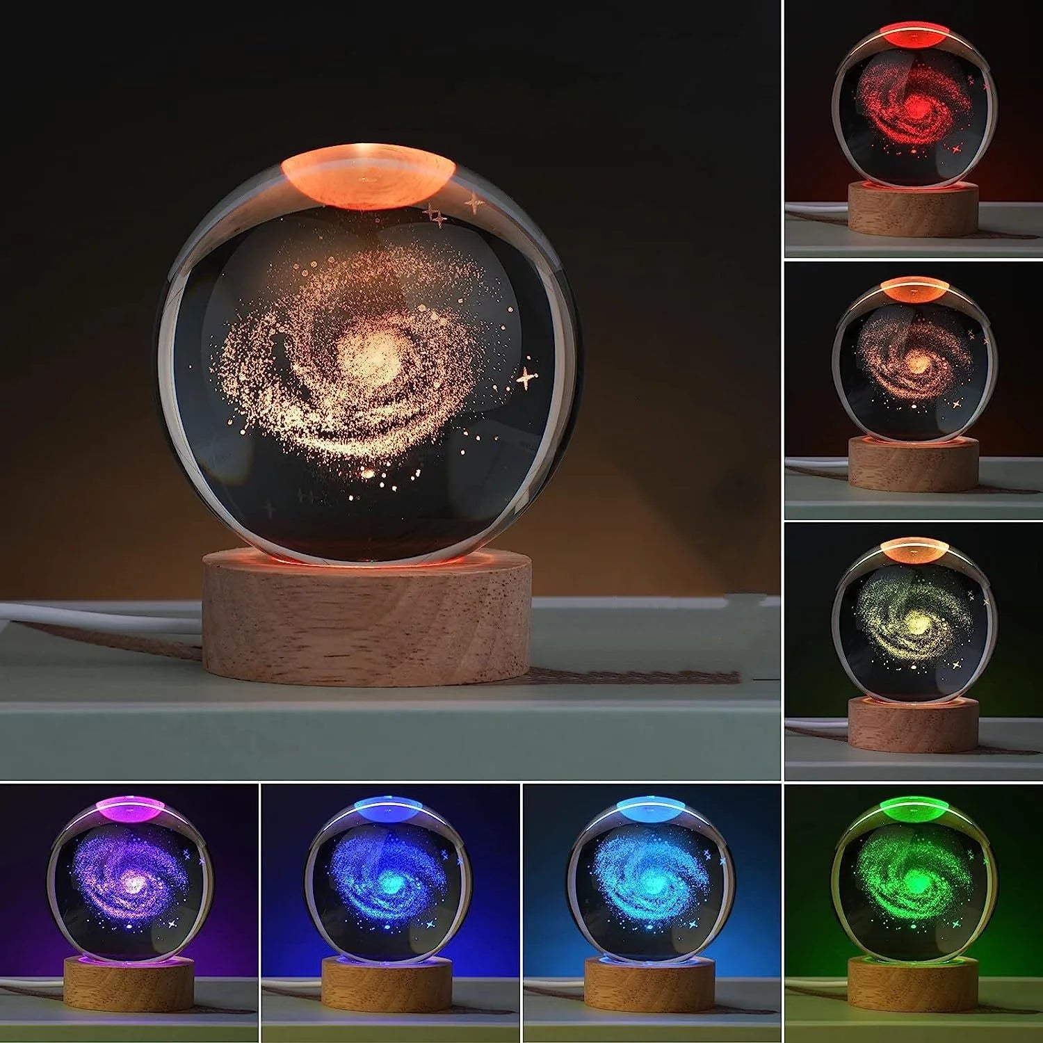 Glowing crystal ball with galaxy design on a wooden base, showing different color options.