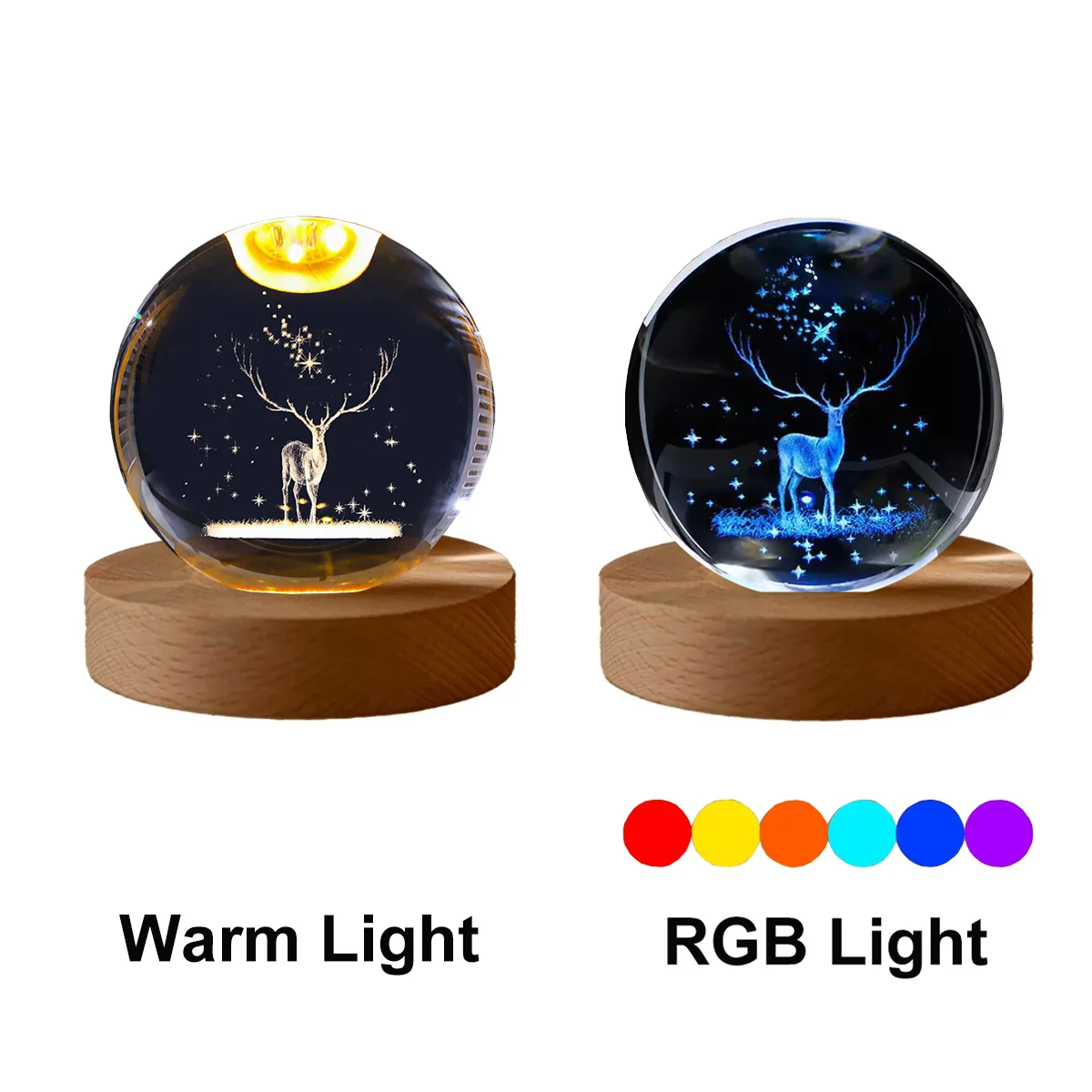 Two crystal balls with deer design on wooden bases, one labeled 'Warm Light' and the other 'RGB Light', with color options displayed.