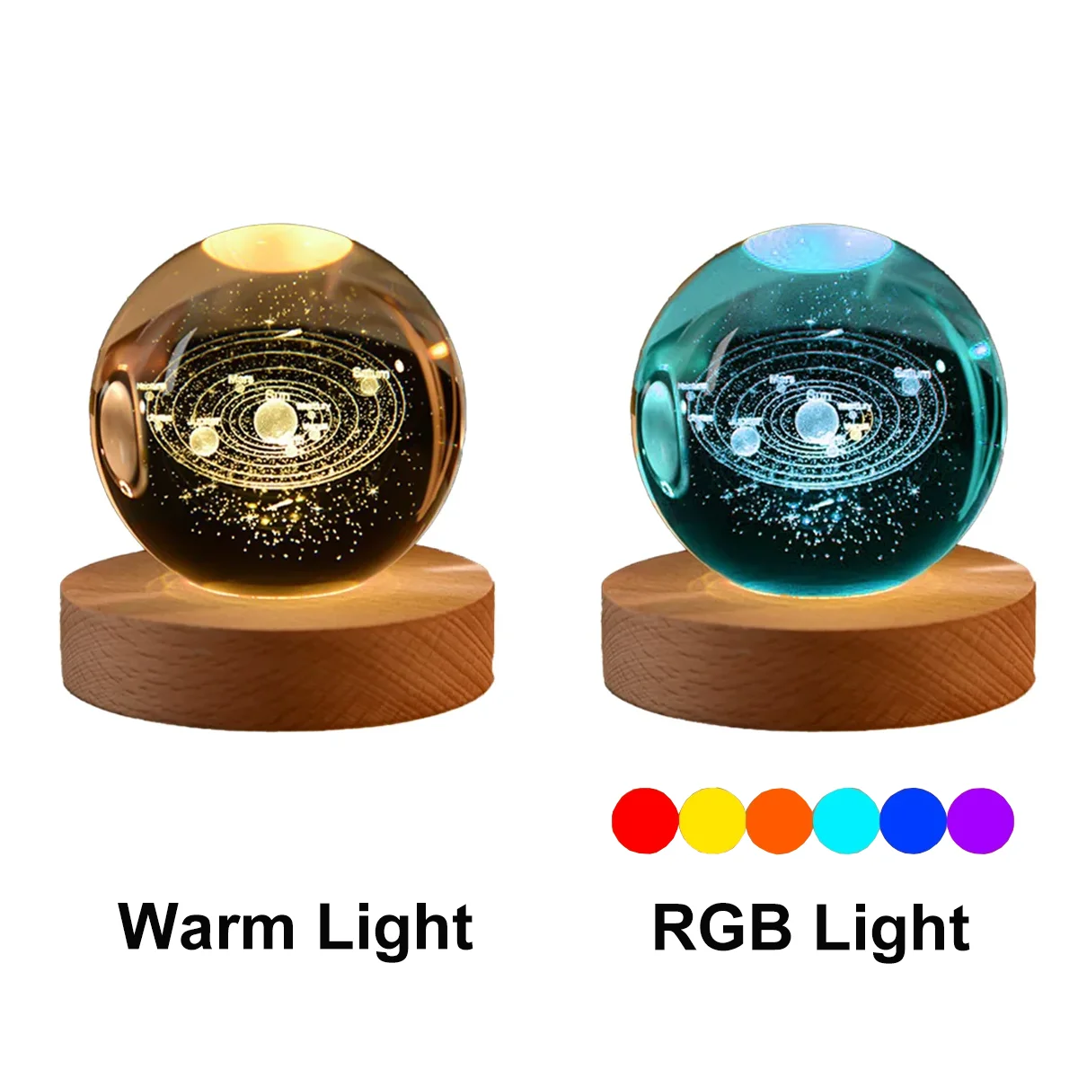 Two glowing spherical objects on wooden bases, one labeled 'Warm Light' and the other 'RGB Light', with color options displayed.