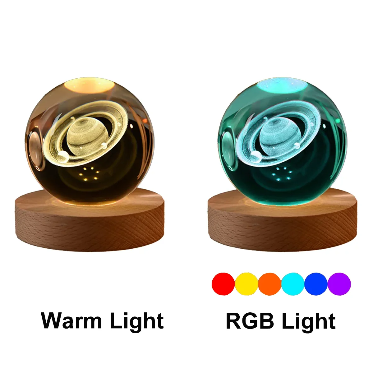 Two glass sphere lights on wooden bases, one warm light and one RGB light, with color options displayed.