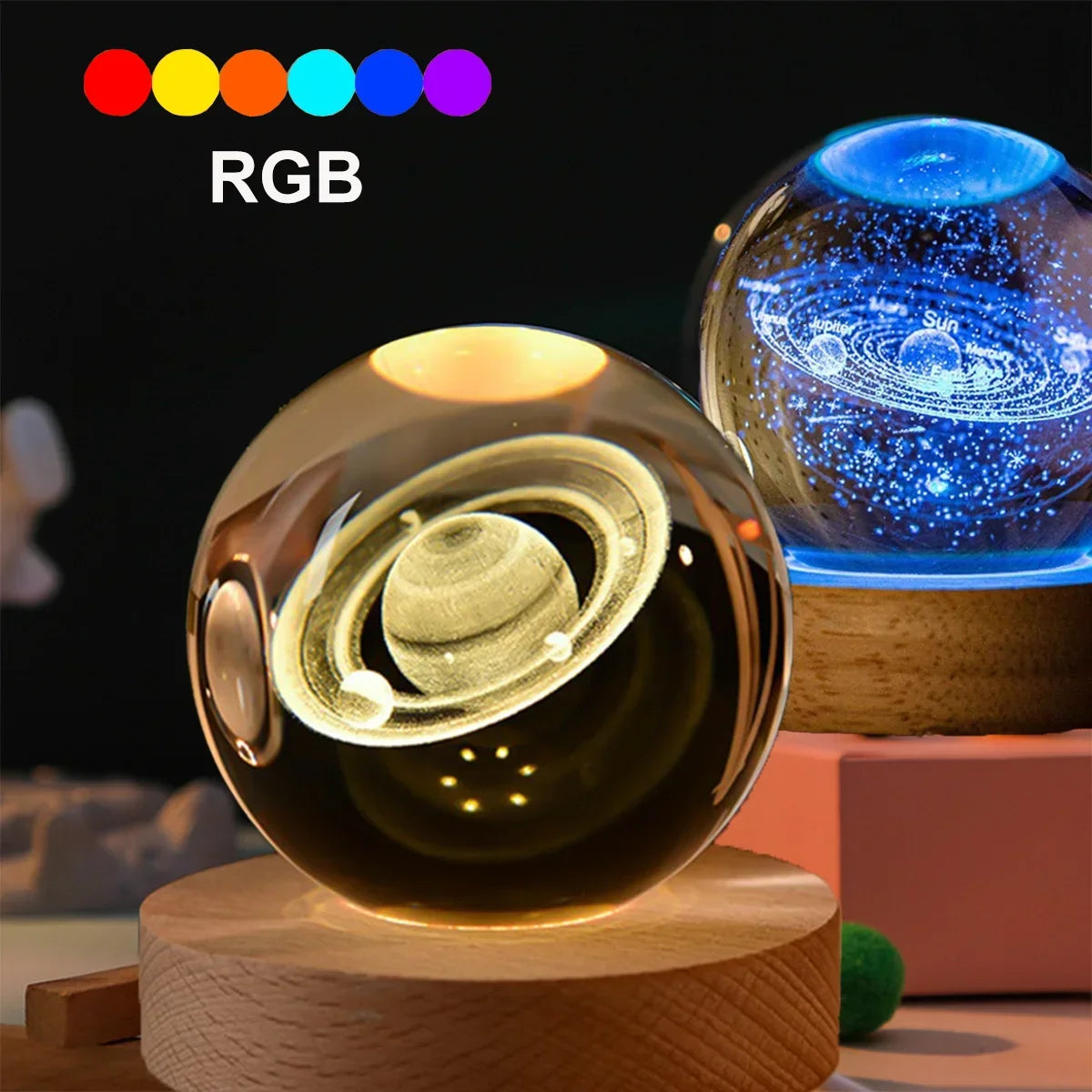 Two spherical night lights with RGB color options on a dark background