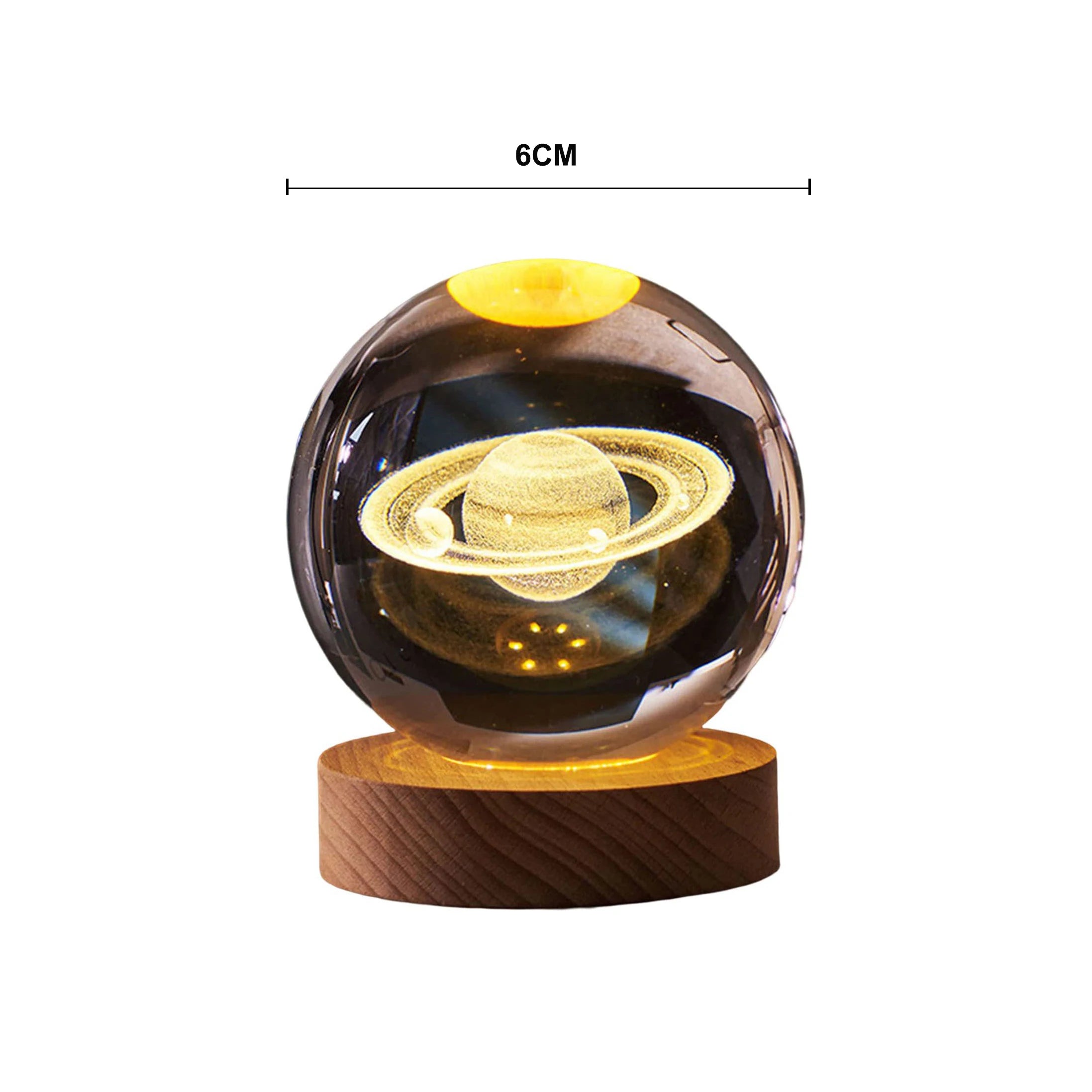 Decorative sphere with Saturn design on a wooden base, showing dimensions.