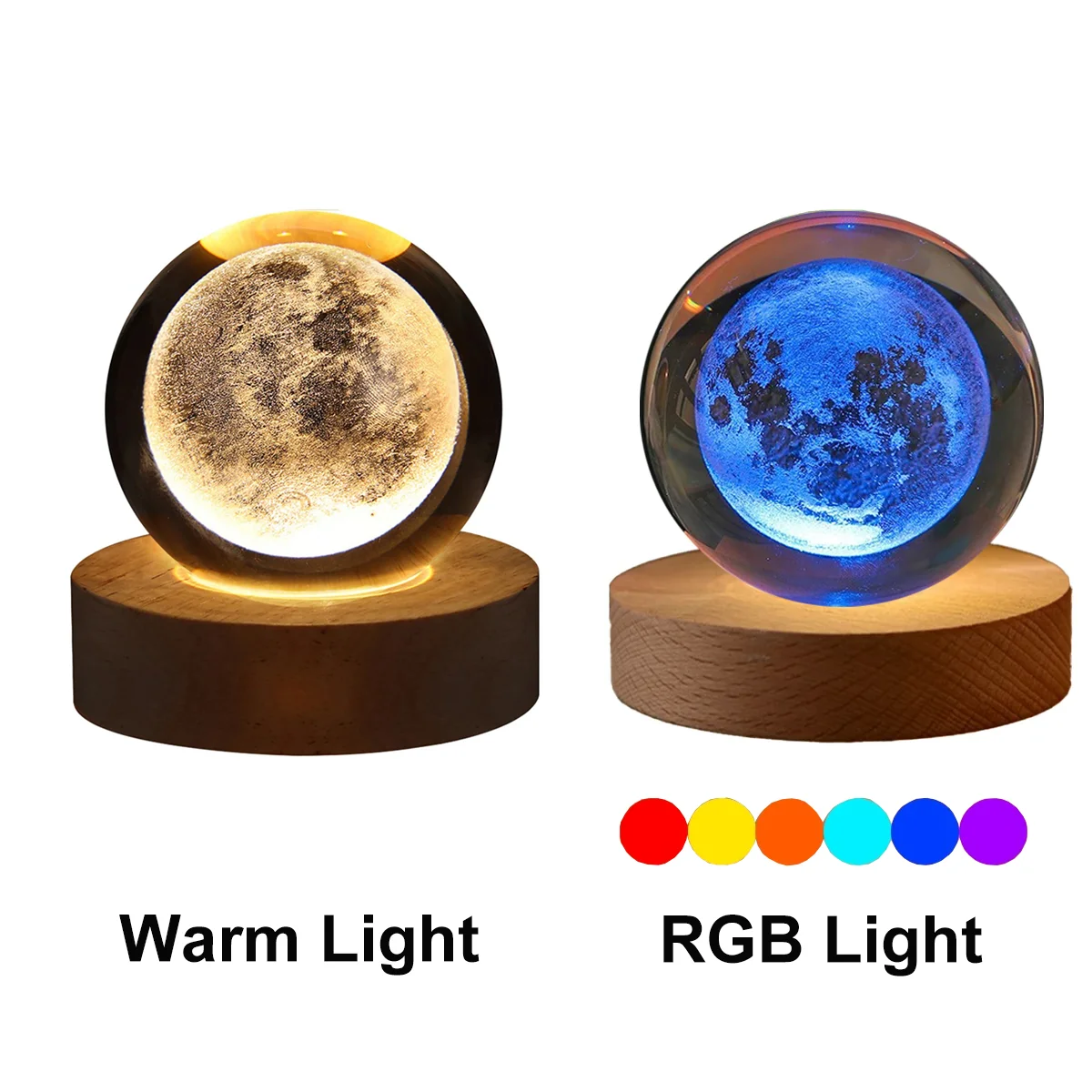 Two moon lamp products on wooden bases, one labeled 'Warm Light' and the other 'RGB Light', with color options displayed.