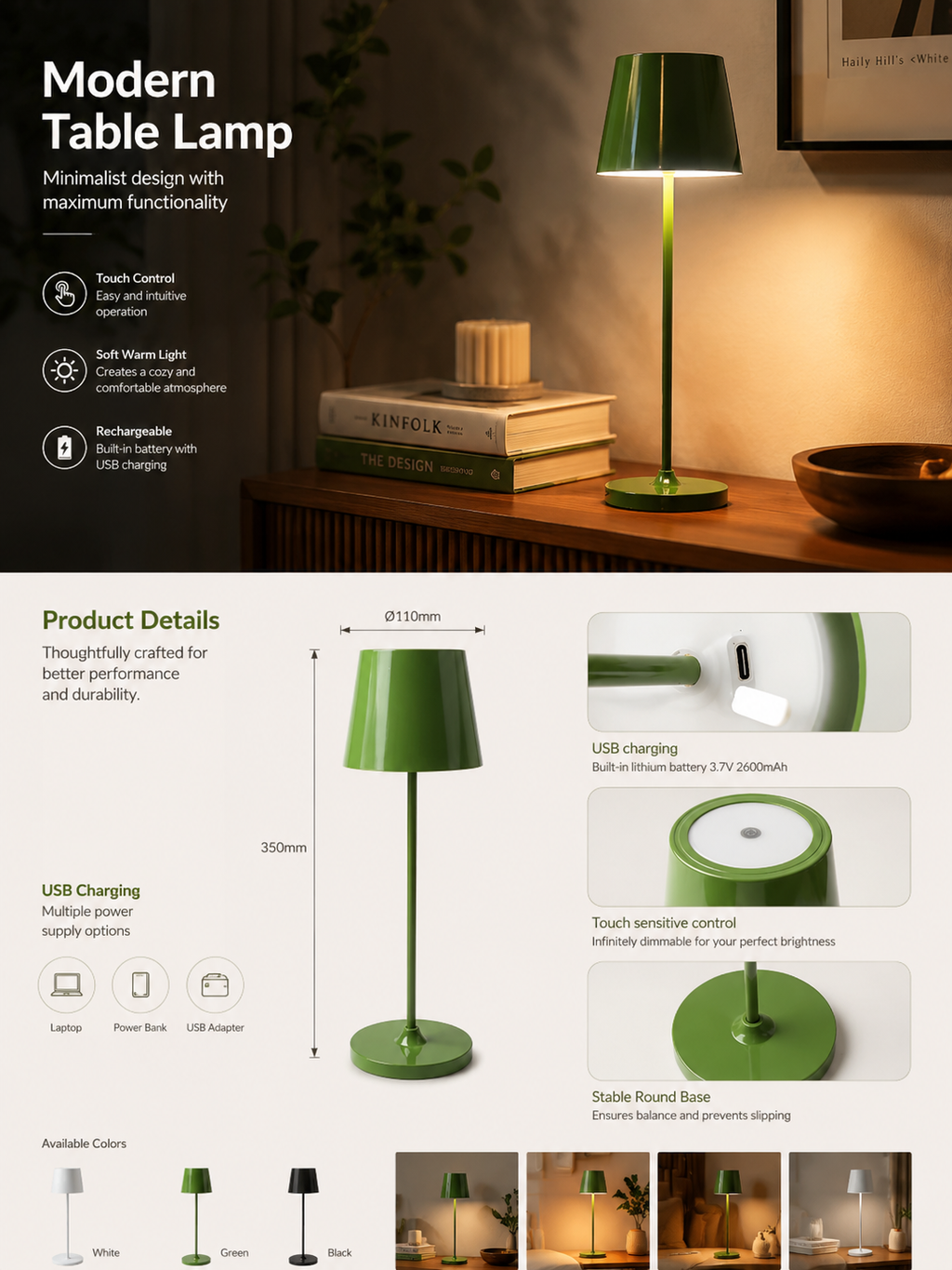 Green table lamp on a wooden surface with product details and features displayed.