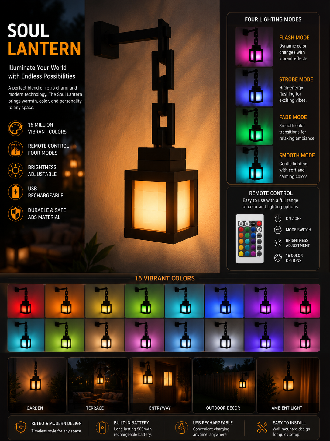 Soul Lantern wall-mounted outdoor light fixture shown on a dark background with feature callouts, lighting modes, color options, and usage benefits. The lantern has a black metal frame with a glowing warm light and is pictured in multiple color modes including red, green, blue, purple, and white.