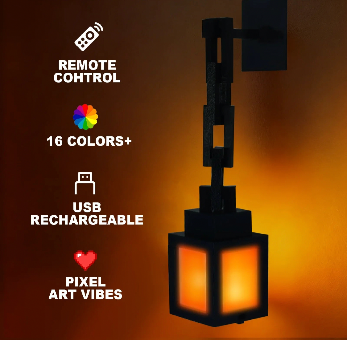 A black outdoor wall-mounted lantern light with a glowing warm orange-yellow illuminated shade, shown on a dark brown background with promotional text including remote control, 16 colors+, USB rechargeable, and pixel art vibes.