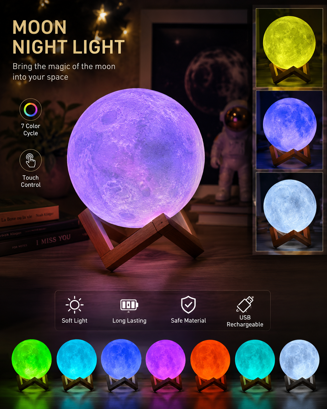 A moon-shaped night light glowing in purple, shown on a wooden stand in a styled room scene. The image includes text reading 'MOON NIGHT LIGHT,' feature icons for color cycling and touch control, a row of smaller illuminated moon lamps in different colors along the bottom, and three inset views showing the moon glowing in yellow, blue, and white.