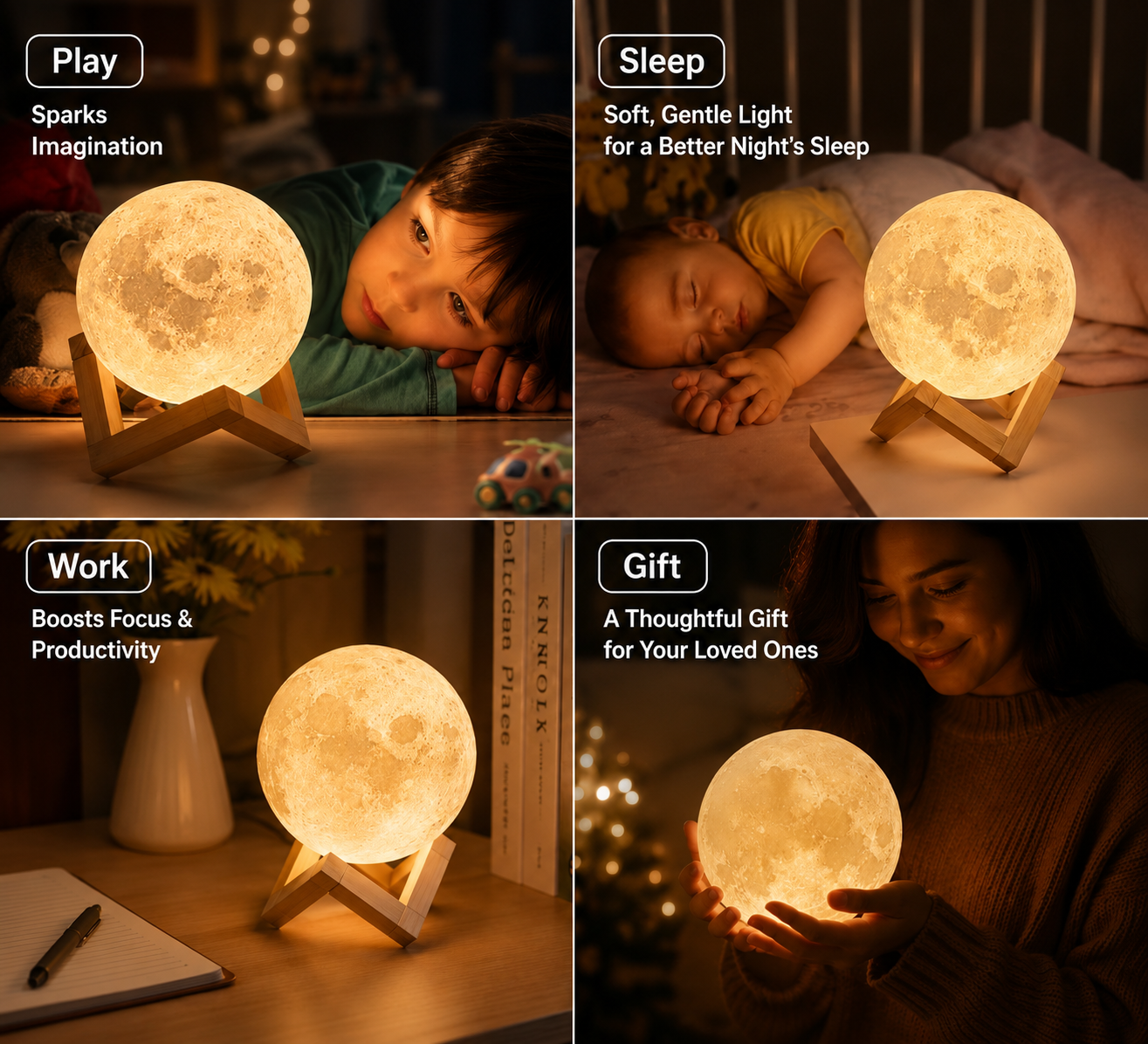 A four-panel promotional collage showing a moon-phase night light in use: a child playing, a sleeping baby, a person working at a desk, and a woman holding the light for a child. Text labels describe the benefits of each mode: Play, Sleep, Work, and Gift.