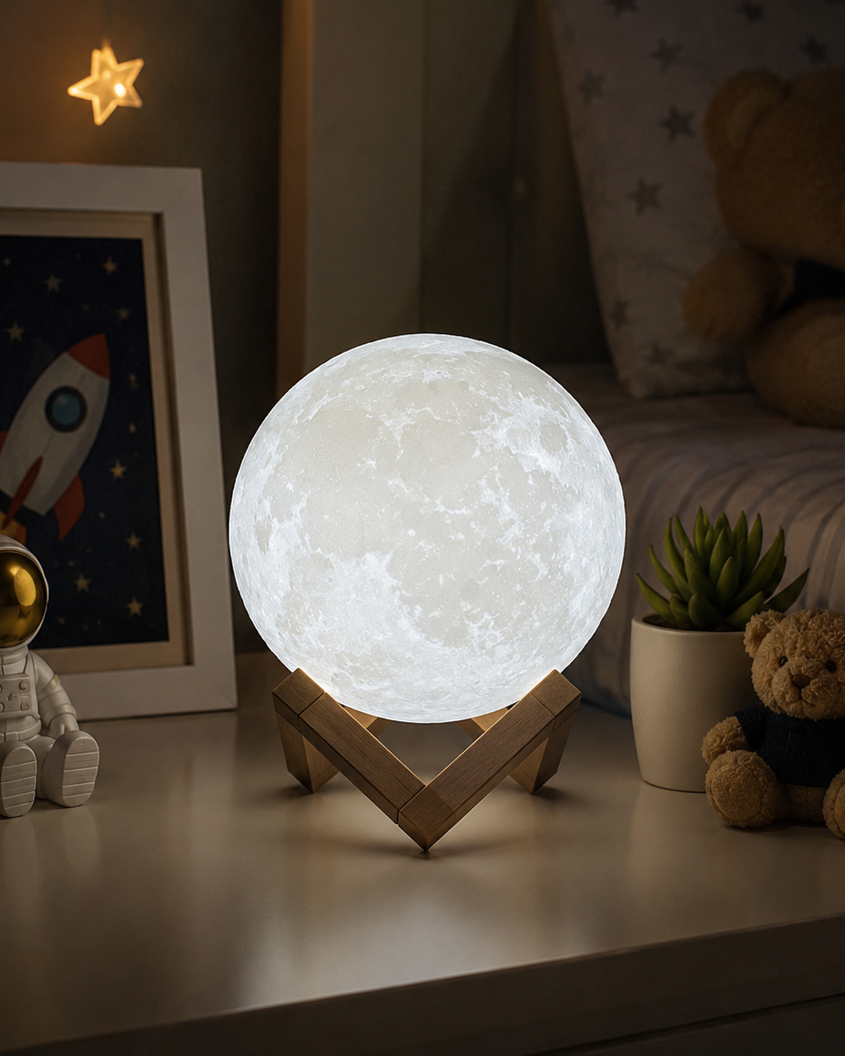 A glowing moon lamp with a textured white spherical body and a light wood stand, placed on a bedside table in a child's bedroom next to a teddy bear, a small potted succulent, and a framed rocket illustration.