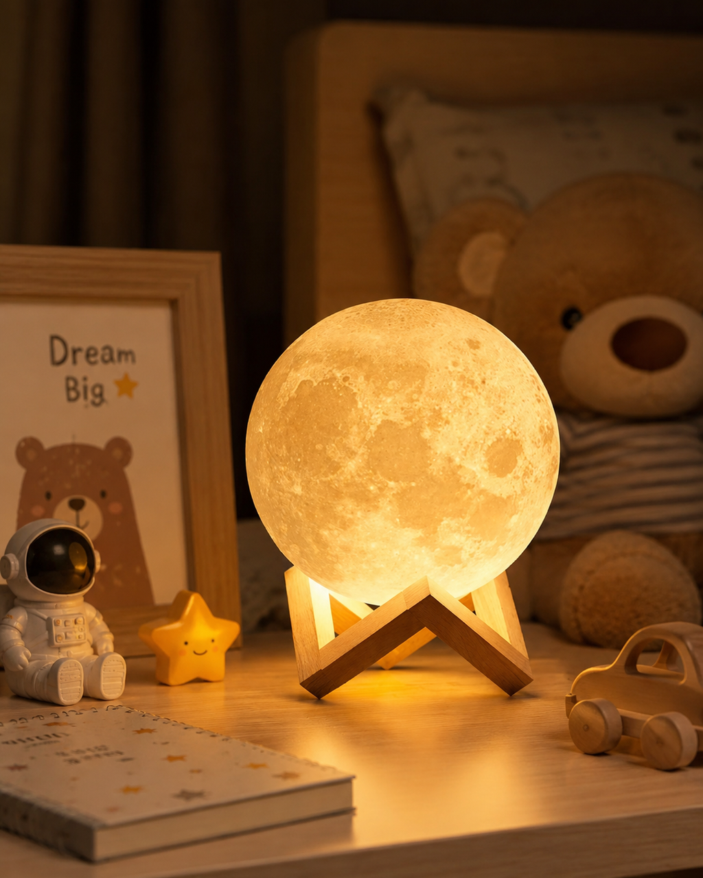 A glowing 3D moon lamp on a wooden stand, placed on a bedside table in a cozy room with a teddy bear, framed print, small astronaut figure, and wooden toy car.