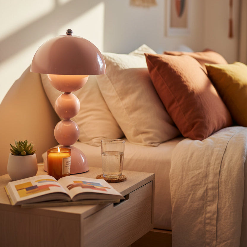 Cozy living room with a lamp, candles, and books on a table.