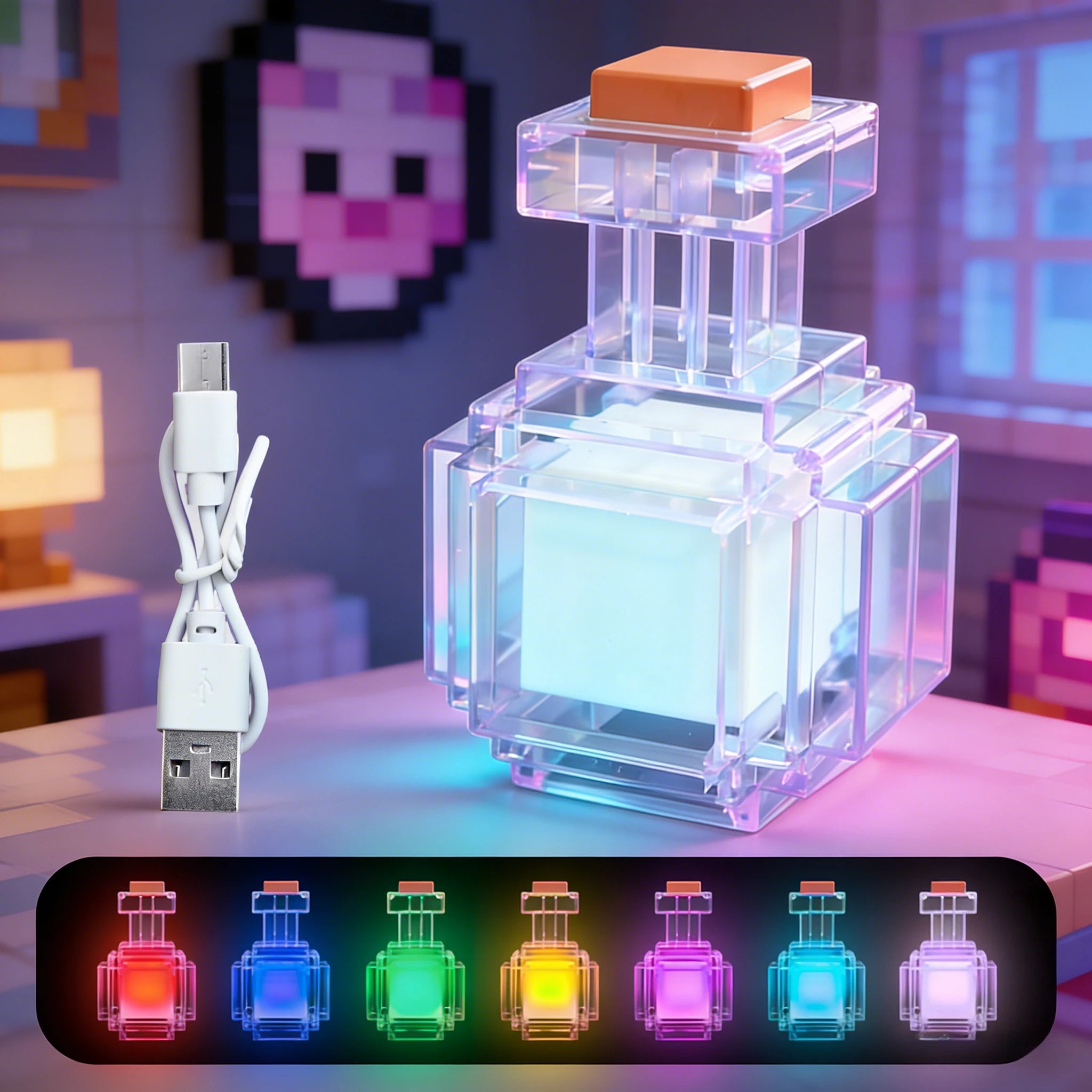 Colorful LED lamp with USB cable on a desk in a room with pixel art decorations.