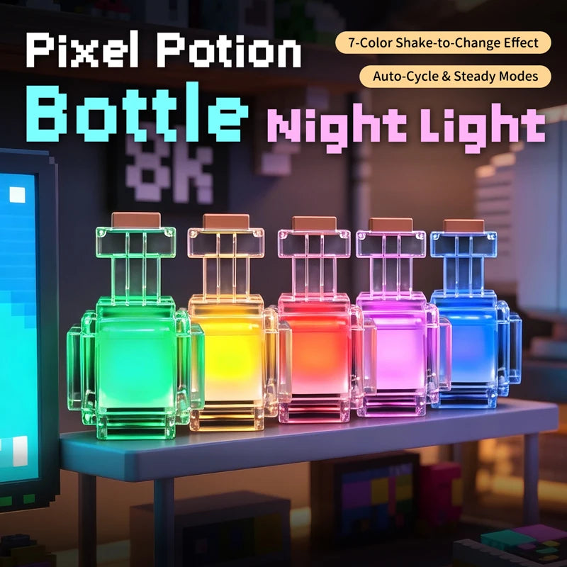 Pixel Potion Bottle Night Light with colorful display on a table.