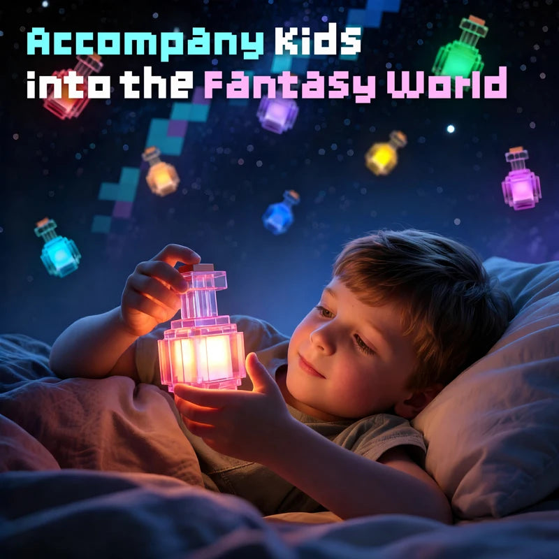 Child holding a glowing toy with text 'Accompany Kids into the Fantasy World' above.