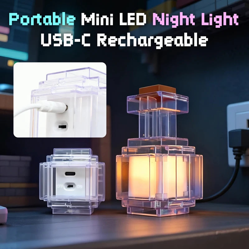 Portable mini LED night light with USB-C rechargeability on a desk.