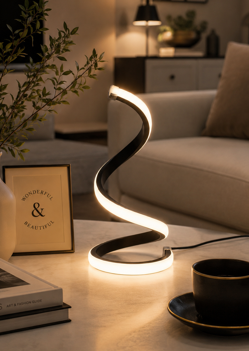 A modern spiral-shaped LED table lamp glowing warm white on a light-colored table in a cozy living room setting, with a coffee cup, vase, and framed print nearby.