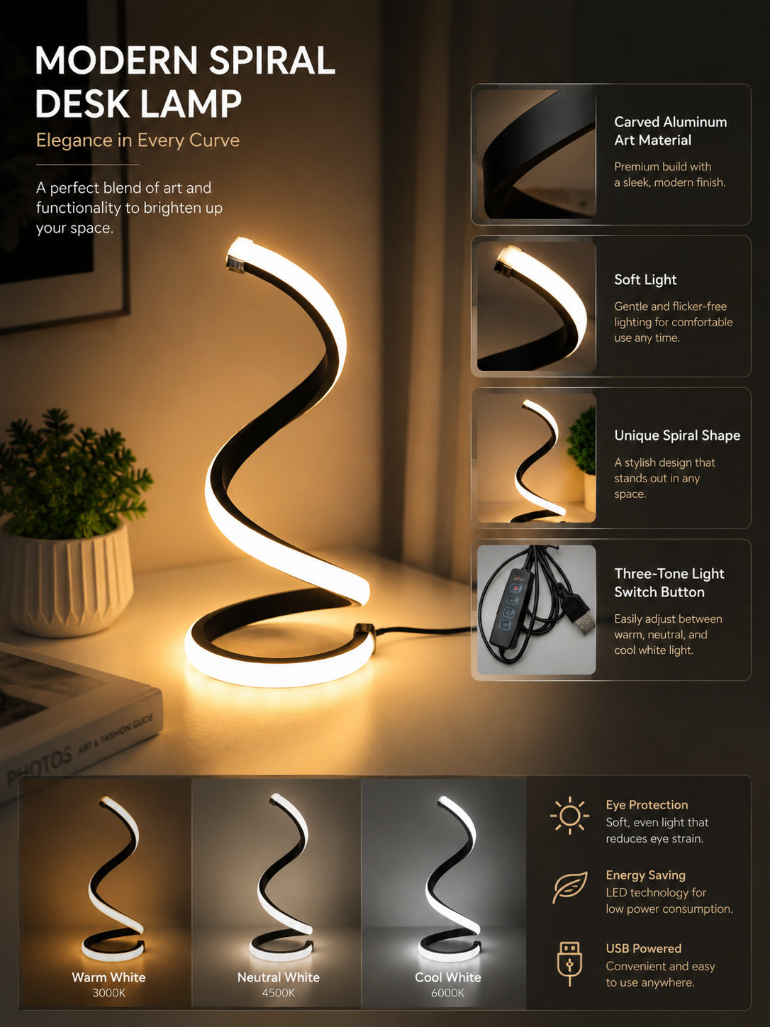 A modern spiral LED desk lamp with a black and white curved design, shown illuminated on a desk next to a small potted plant. The image includes feature callouts on the right, text reading 'MODERN SPIRAL DESK LAMP' at the top, and four smaller lamp color options along the bottom.