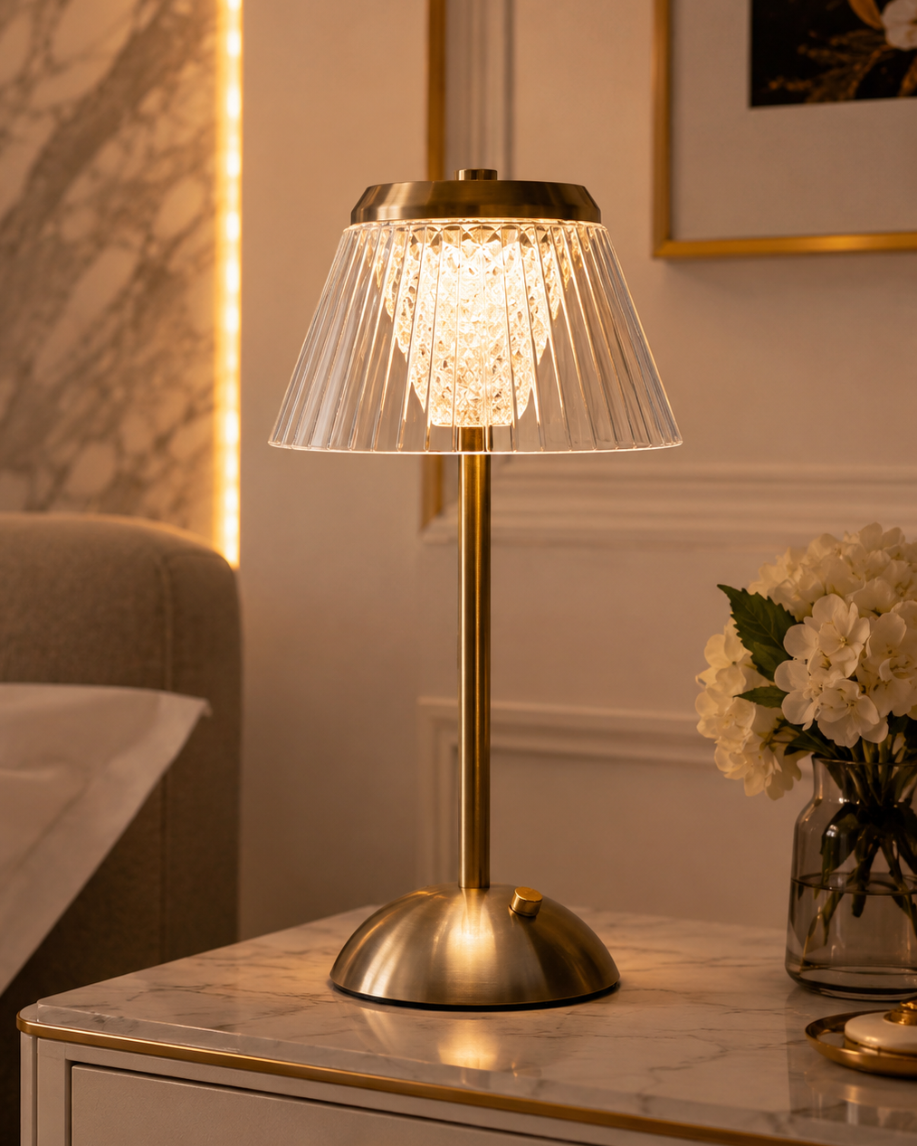Decorative table lamp on a nightstand with soft lighting in a bedroom setting.