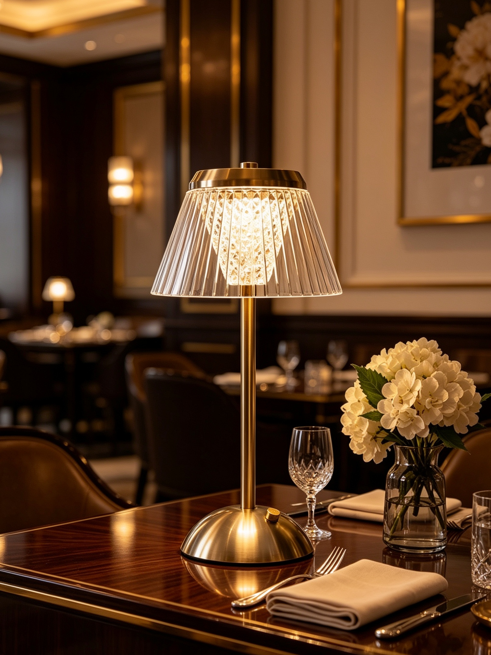 Decorative table lamp on a table with wine glasses and flowers in a restaurant setting