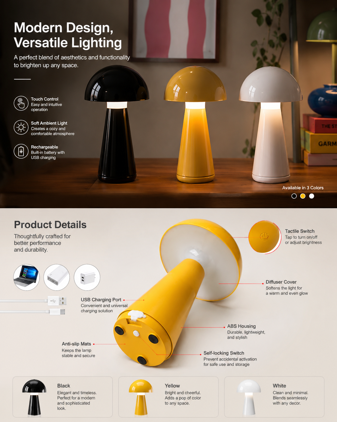 Three mushroom-shaped lamps in black, yellow, and white with product details on a wooden surface.